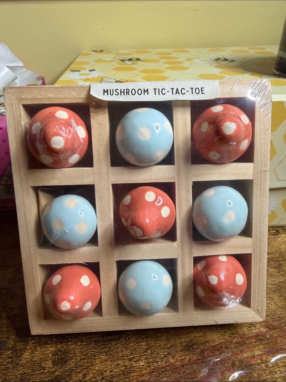 Mushroom Tic-Tac-Toe Game - Blue & Red Polka Dot Resin Pieces